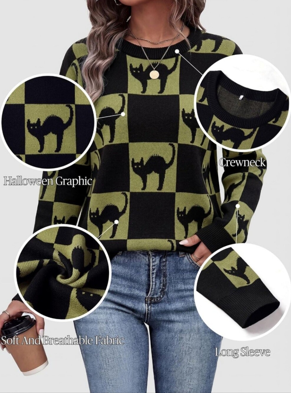 New Black Cat Halloween Sweater Women’s Small Army Green Black Checkered Soft Kn - Picture 2 of 8